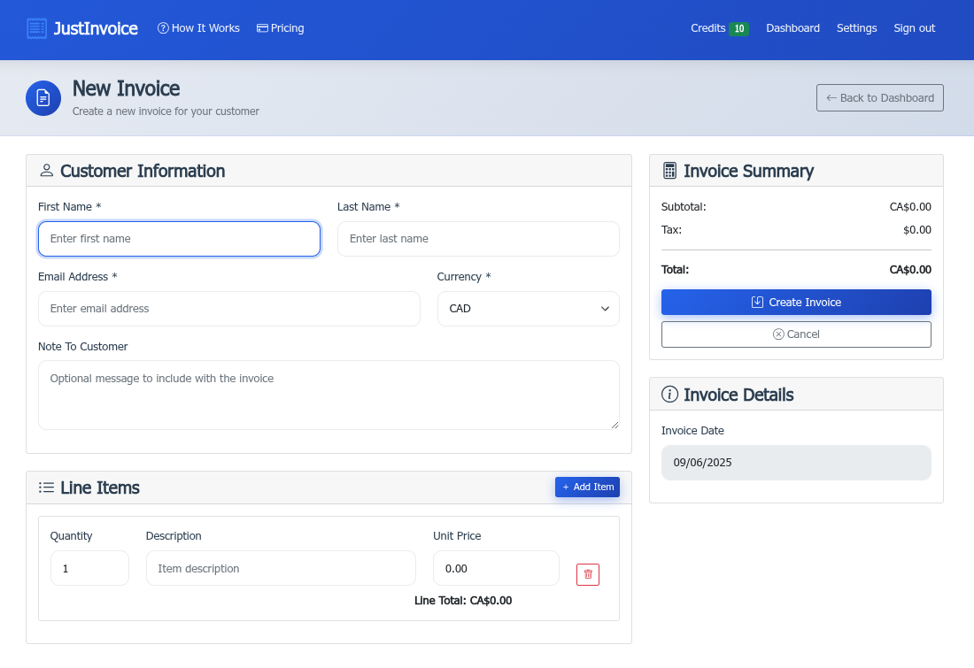 Create Invoice Screenshot