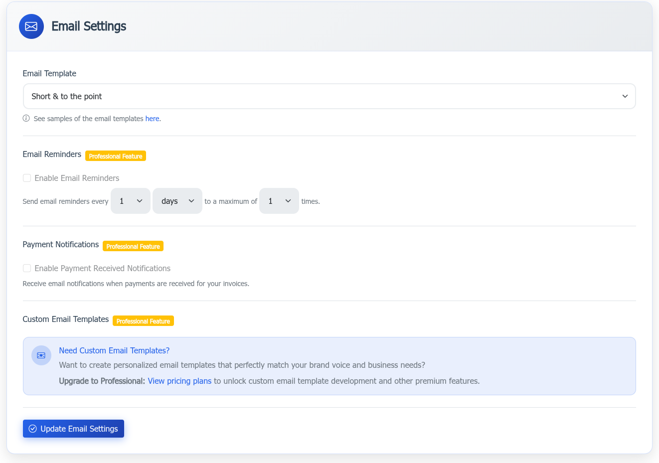 Settings Email Screenshot