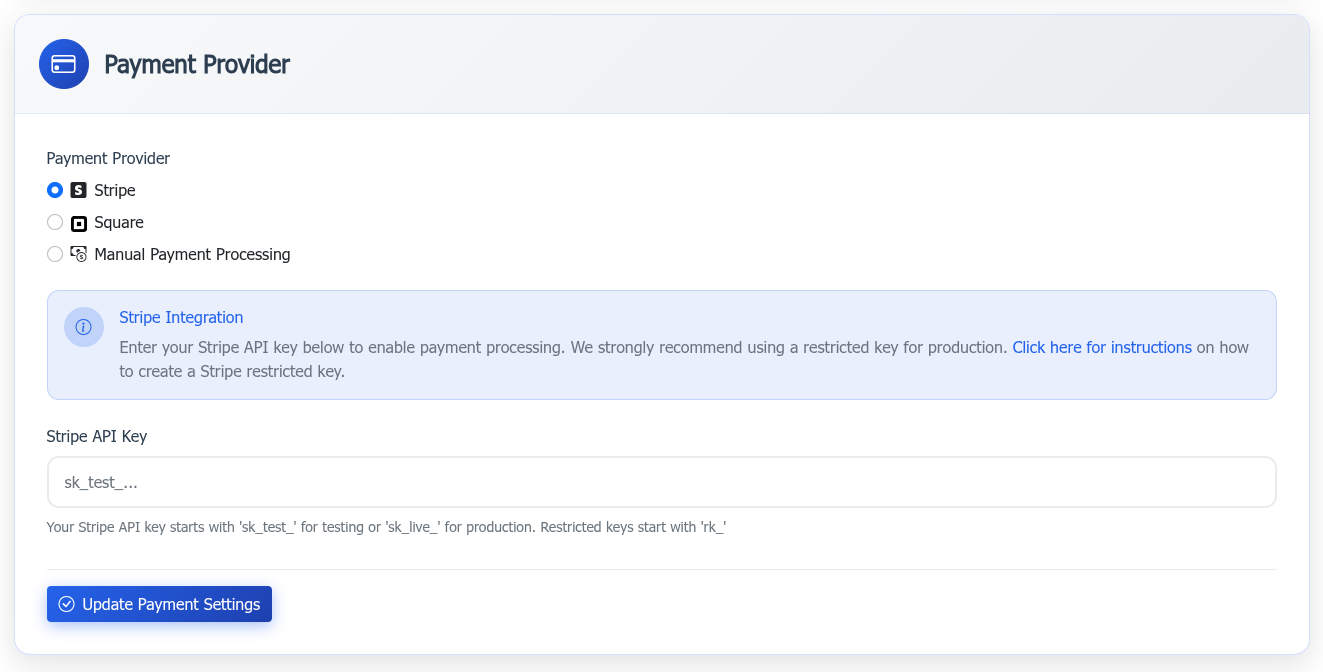 Settings Payment Provider Screenshot